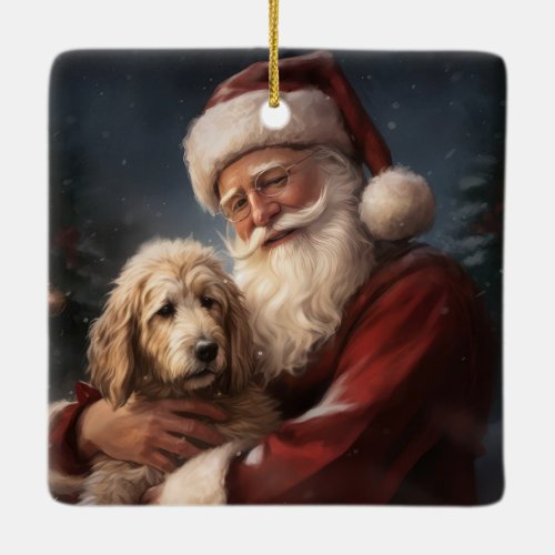 Goldendoodle With Santa Claus Festive Christmas Ceramic Ornament