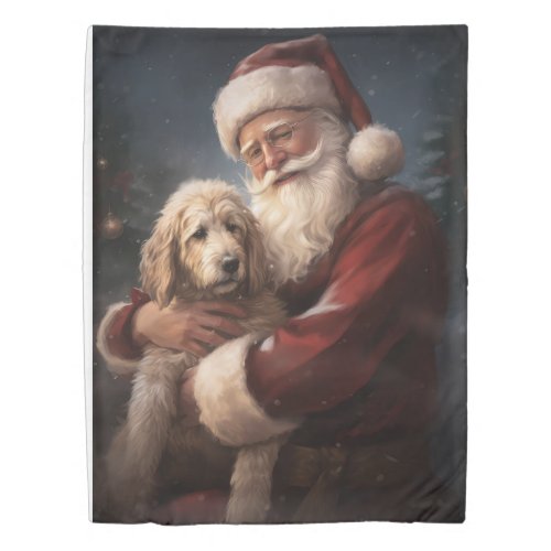 Goldendoodle With Santa Claus Festive Christmas Duvet Cover