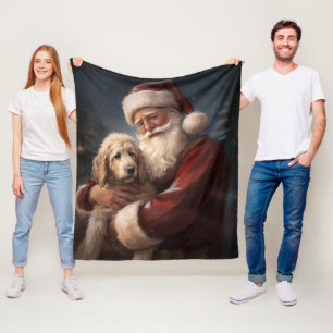 Goldendoodle With Santa Claus Festive Christmas Fleece Blanket