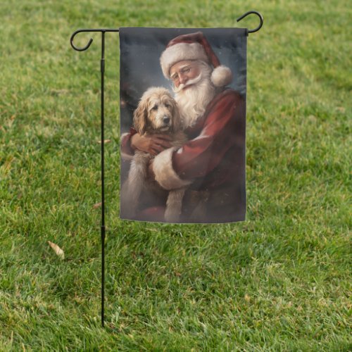 Goldendoodle With Santa Claus Festive Christmas Garden Flag