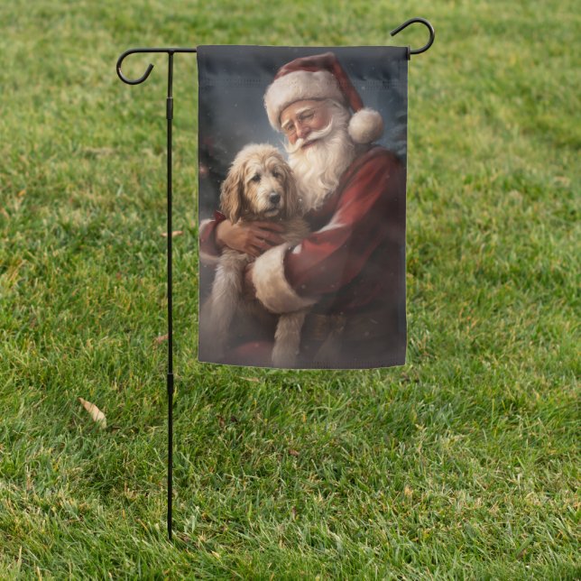 Goldendoodle With Santa Claus Festive Christmas Garden Flag (In SItu)