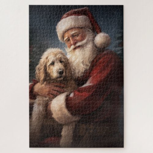 Goldendoodle With Santa Claus Festive Christmas Jigsaw Puzzle