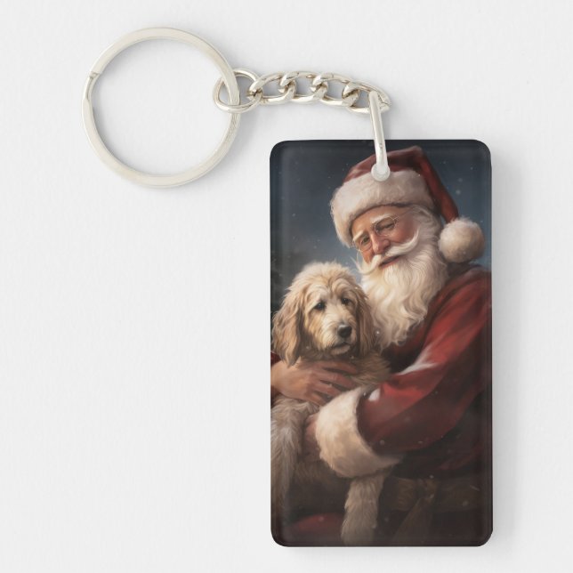 Goldendoodle With Santa Claus Festive Christmas Keychain (Front)