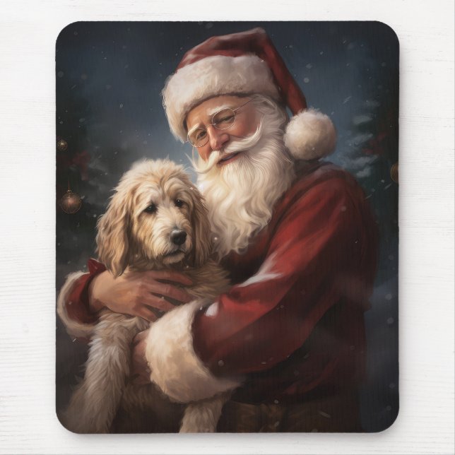 Goldendoodle With Santa Claus Festive Christmas Mouse Pad (Front)