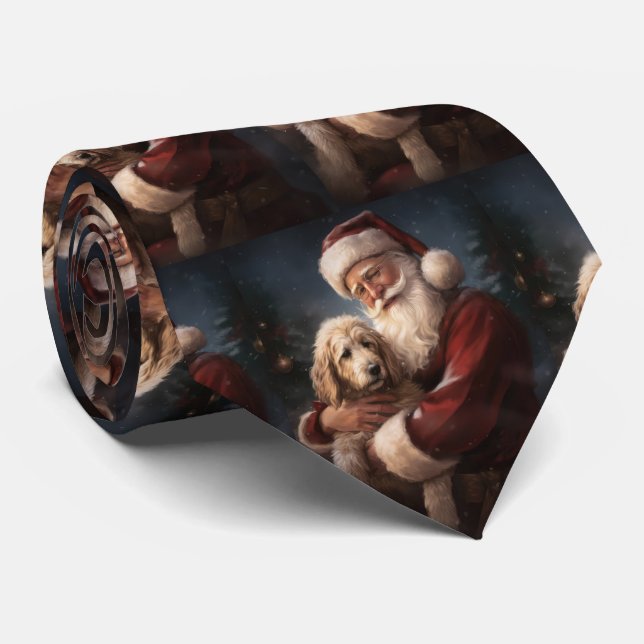 Goldendoodle With Santa Claus Festive Christmas Neck Tie (Rolled)