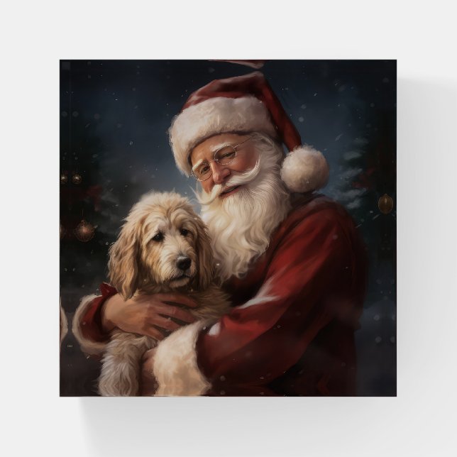 Goldendoodle With Santa Claus Festive Christmas Paperweight (Front)