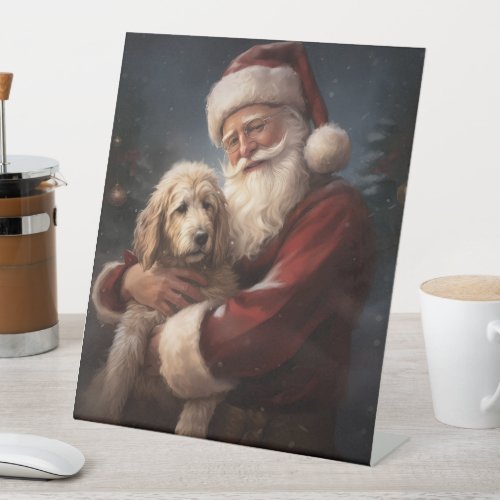 Goldendoodle With Santa Claus Festive Christmas Pedestal Sign