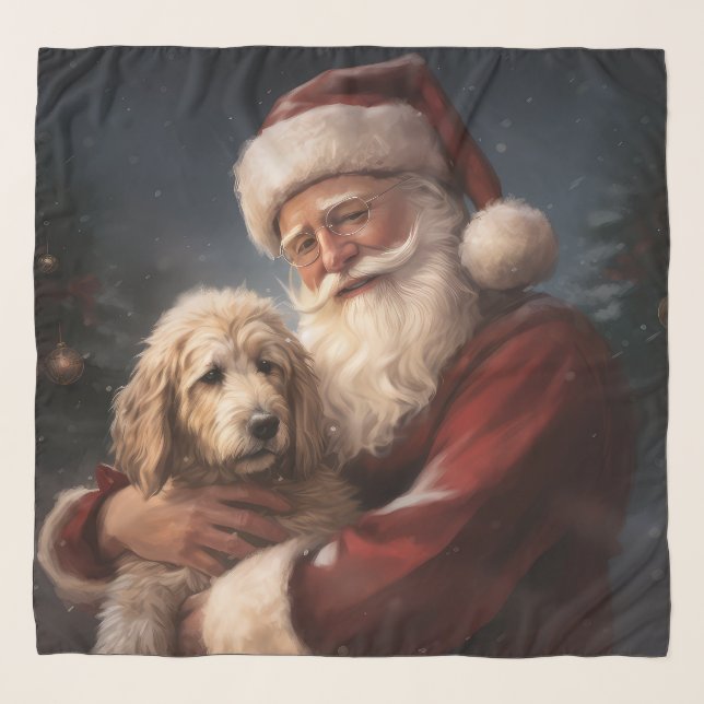 Goldendoodle With Santa Claus Festive Christmas Scarf (Front)