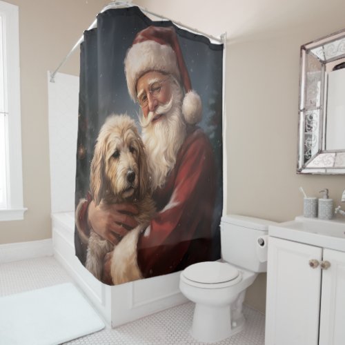 Goldendoodle With Santa Claus Festive Christmas Shower Curtain