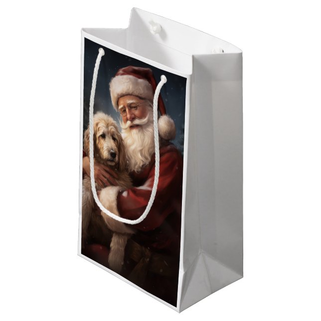 Goldendoodle With Santa Claus Festive Christmas Small Gift Bag (Front Angled)