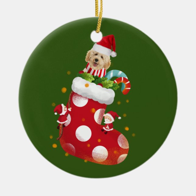 Goldendoodle With Socking Ceramic Ornament (Front)