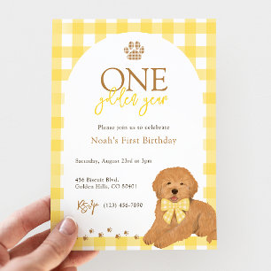 Goldendoodle Yellow Gingham First Birthday Invitation