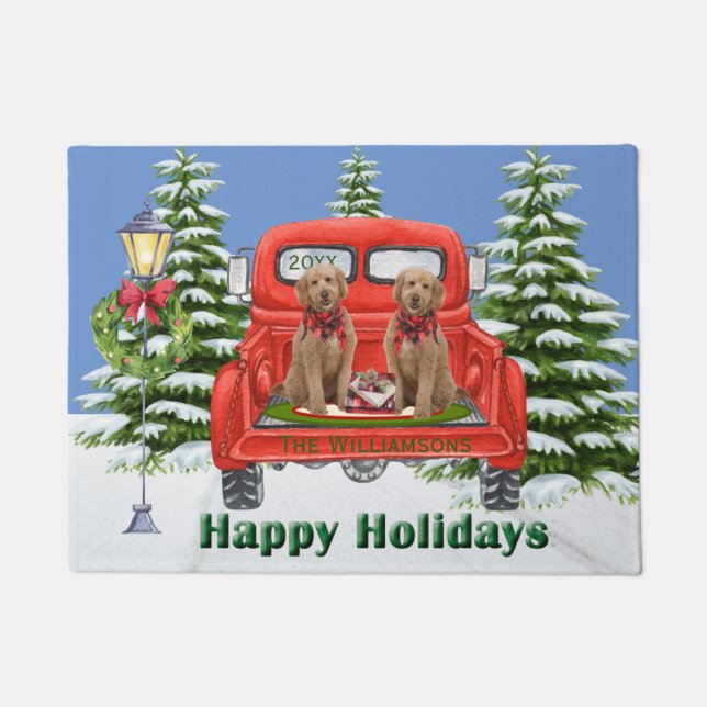 Goldendoodles Red Vintage Truck Family Name Doormat (Front)