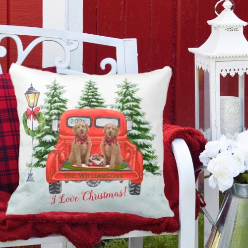 Goldendoodles Red Vintage Truck Family Name    Throw Pillow