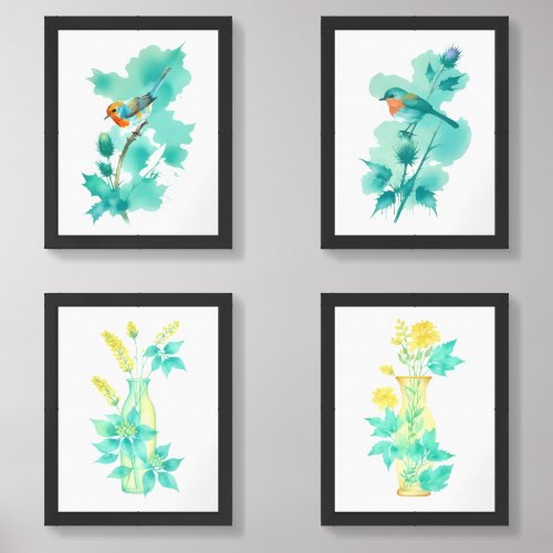 Goldenrod Bouquet in Vase and Robin on Branch  Wall Art Sets