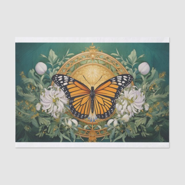 Goldenrod Dahlia Monarch Medallion on Rich Green Tissue Paper (Front)