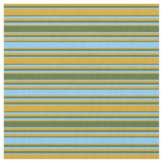 Goldenrod, Dark Olive Green & Light Sky Blue Lines Fabric (Close Up)