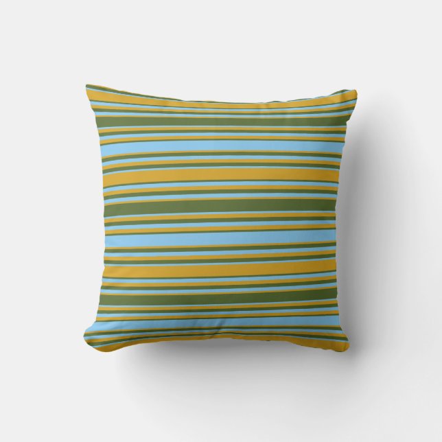 Goldenrod, Dark Olive Green & Light Sky Blue Lines Throw Pillow (Front)