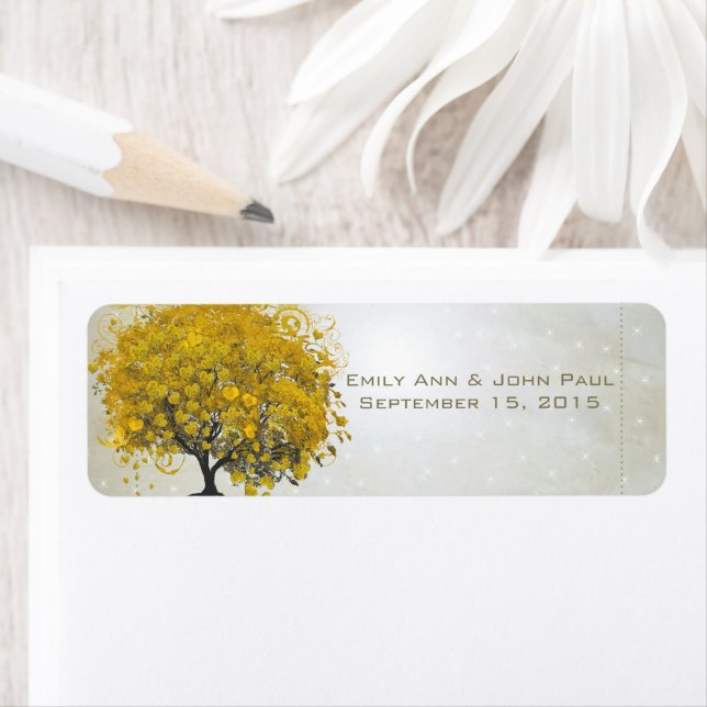Goldenrod Heart Leaf Tree with Stars Save the Date Label (Insitu)