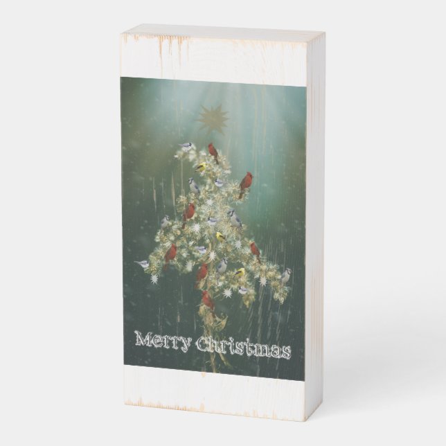 Goldenrod & Songbirds Christmas Greeting Wooden Box Sign (Angled Vertical)