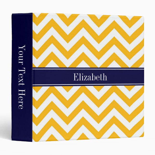 Goldenrod White LG Chevron Navy Blue Name Monogram Binder (Front/Spine)