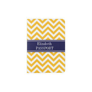 Goldenrod White LG Chevron Navy Blue Name Monogram Passport Holder