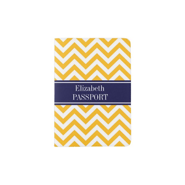 Goldenrod White LG Chevron Navy Blue Name Monogram Passport Holder (Front)