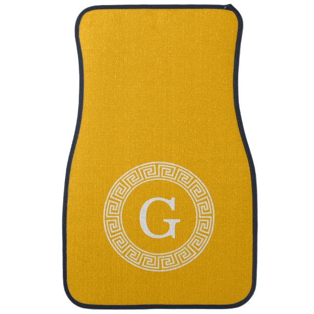 Goldenrod Wht Greek Key Rnd Frame Initial Monogram Car Mat (Front)