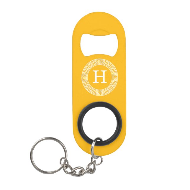 Goldenrod Wht Greek Key Rnd Frame Initial Monogram Keychain Bottle Opener (Front)