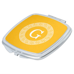 Goldenrod Wht Greek Key Rnd Frame Initial Monogram Makeup Mirror