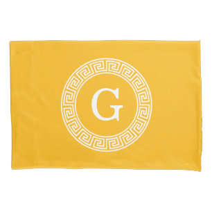 Goldenrod Wht Greek Key Rnd Frame Initial Monogram Pillowcase