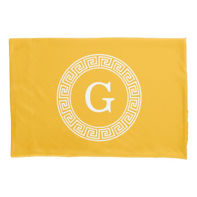 Goldenrod Wht Greek Key Rnd Frame Initial Monogram Pillowcase (Front)