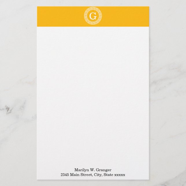 Goldenrod Wht Greek Key Rnd Frame Initial Monogram Stationery (Front)