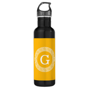 Goldenrod Wht Greek Key Rnd Frame Initial Monogram Water Bottle