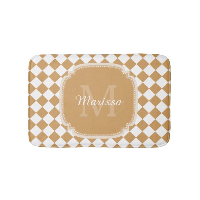 Goldenrod Yellow Checkered Monogram With Name Bathroom Mat (Front)