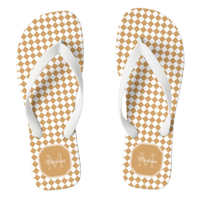 Goldenrod Yellow Checkered Monogram With Name Flip Flops (Footbed)