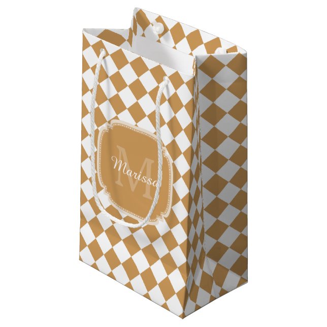 Goldenrod Yellow Checkered Monogram With Name Small Gift Bag (Front Angled)