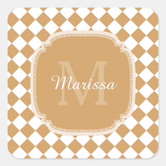 Goldenrod Yellow Checkered Monogram With Name Square Sticker (Front)