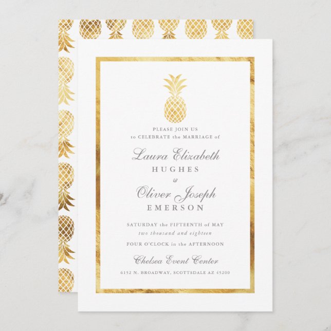 GoldenTropical Pineapple Gold Wedding Invitations (Front/Back)