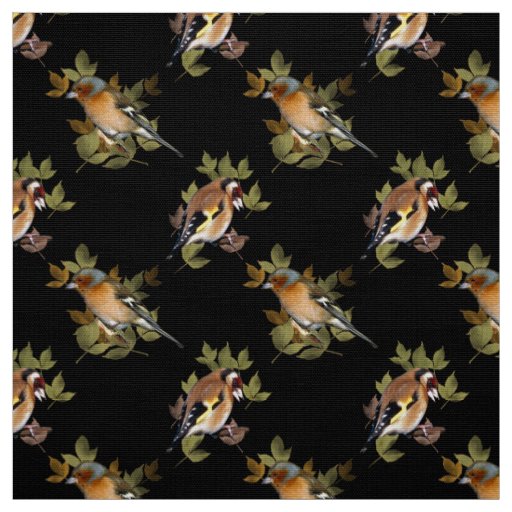 Goldfinch and Chaffinch on leaf. Fabric