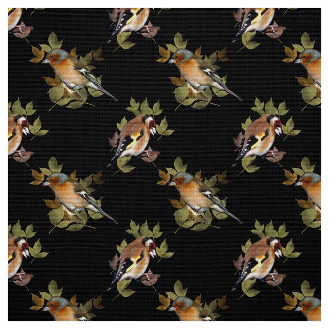 Goldfinch and Chaffinch on leaf. Fabric (Swatch)