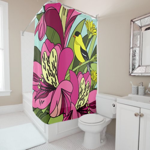 Goldfinch and Flowers Shower Curtain