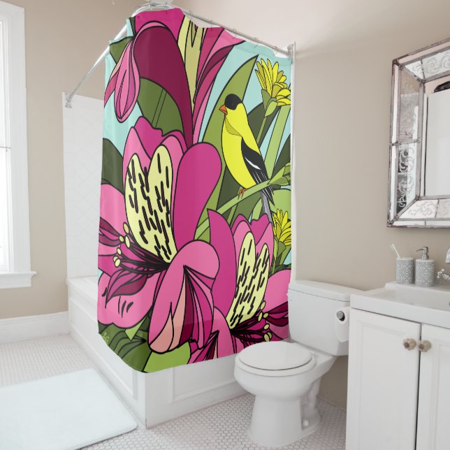 Goldfinch and Flowers Shower Curtain (In Situ)