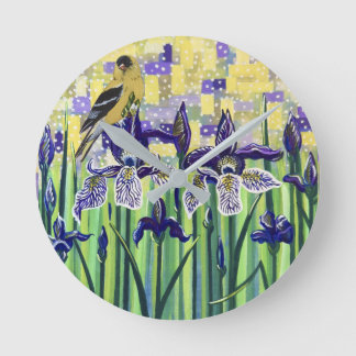 Goldfinch and Irises  Round Clock