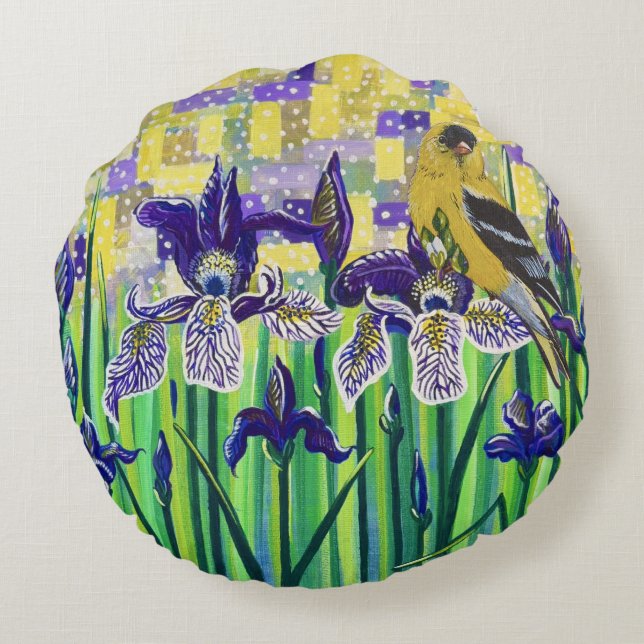 Goldfinch and Irises  Round Pillow (Back)
