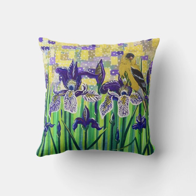 Goldfinch and Irises  Throw Pillow (Back)