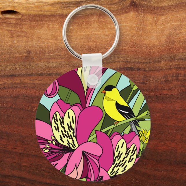 Goldfinch and Peruvian Lily Flower Keychain (Front)