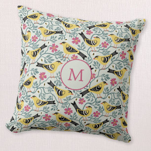 Goldfinch and Prairie Rose Bird Flower Monogram Throw Pillow
