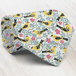 Goldfinch and Prairie Rose Bird Flower Neck Tie