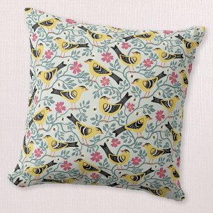 Goldfinch and Prairie Rose Bird Flower Throw Pillow